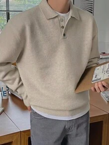 Manfinity Hypemode Men's Casual Minimalist Everyday Versatile Solid Color Dropped Shoulder Loose Polo Neck Sweater - Khaki - View 1