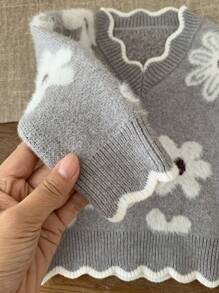 SHEIN LMoss Kids LMoss 女婴花卉图案灰色长袖毛衣，可爱百搭，秋冬 - 灰色 - 查看 4