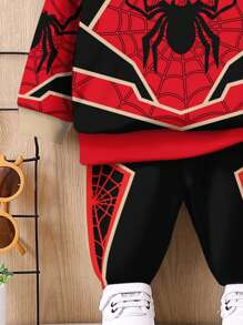 SHEIN Baby Boy Casual Minimalist Loose Comfortable Knit Soft -Style Spider Graphic Print Hoodie And Pants Set, Suitable For Autumn/Winter