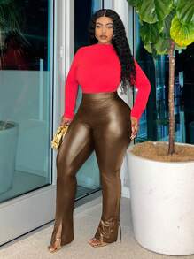 Slaydiva Quần da đen bó sát thanh lịch gợi cảm cỡ lớn xẻ tà buộc dây, mùa thu/đông - màu nâu - Xem 3