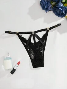 Floral Lace Ring Linked Cut-Out G-String Sexy Lingerie - Black - View 7