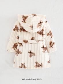 Cozy Pixies 女婴休闲百搭熊图案保暖内衬连帽长袍，腰部系带，长袖 - 杏色 - 查看 2