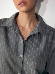 Maija Gaun Pendek Wanita Kasual Bergaris dengan Tali Serut Samping, Musim Gugur/Musim Dingin - Dark Grey - View 4
