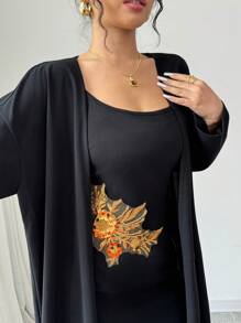 Modelyn Đầm đuôi cá bó sát in họa tiết lá vàng thanh lịch dành cho nữ 2 món - màu đen - Xem 3