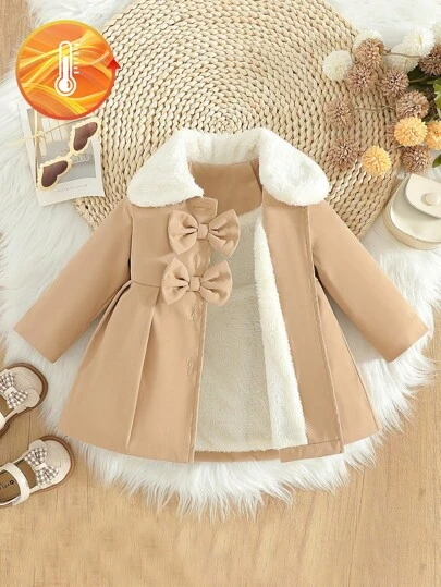 SHEIN Elladie kids Baby Girls' Fluffy Collar Bow Decor Thermal Lined Trench Coat, Fall/Winter