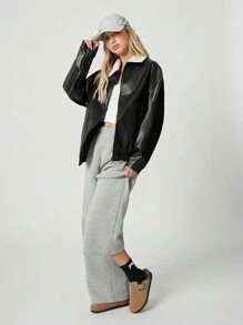 SHEIN EZwear Casual And Stylish Zippered Off-Shoulder PU Leather Jacket - Black - View 6