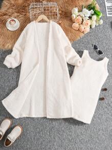 SHEIN 2 pièces Ensemble robe sans manches et cardigan casual et confortable pour filles pré-adolescentes