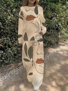 INAWLY 2 件套女士抽象印花圆领长袖上衣和裤子套装 - 卡其色 - 查看 3