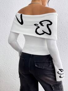 Chiquease Women's Casual Color Block Pattern Off Shoulder Fitted Short Sweater, Autumn Knit Pullover Fall Winter Outfit