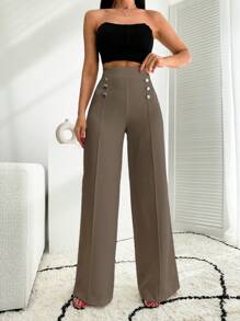 EURMUSE White Wide Leg Pallazzo Pant With Button Detail - Mocha Brown - View 3