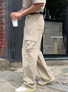 DAZY Quần dài ống rộng dáng rộng màu trơn đơn sắc cho nam Quần chạy bộ nam - Màu be - Xem 7