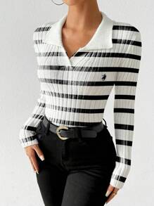 Chiquease 女士极简条纹刺绣针织毛衣上衣 秋冬款 - 黑與白 - 查看 3