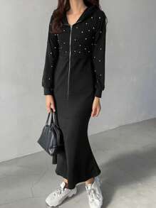 FRIFUL 1件装 女士前拉链长袖简约中长款休闲连衣裙，秋季连帽连衣裙 - 黑色 - 查看 2