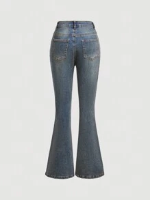 Teen Girl Fashion Versatile Washed Oblique Pocket Flared Jeans - Dark Wash - View 2