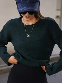 Hanevo Women Solid Color Round Neck Casual All-Match Long Sleeve Pullover Sweater Sportswear For Daily Wear Knit Pullover Fall Winter - Dark Green - View 5