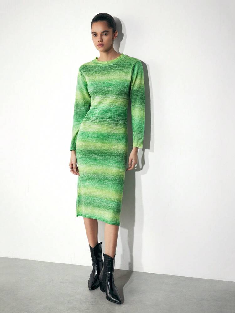 SHEIN Maija Women's Autumn/Winter Green Round Neck Color Block Casual Versatile Long Sleeve Fitted Sweater Dress