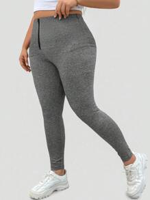 Flirla Quần legging cạp thấp đơn giản cho hoạt động giải trí cỡ lớn, mặc thường ngày - Xám - Xem 7