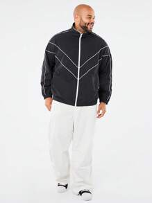 Manfinity NXTstreet Plus Size Men Woven Long Sleeve Jacket, Going Out Zipper Fashion Black Jacket, For Friends, Husband, Boyfriend Gifts