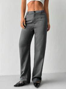 Flirla Pantalones rectos de oficina/trabajo con bolsillos oblicuos de estilo casual para mujer