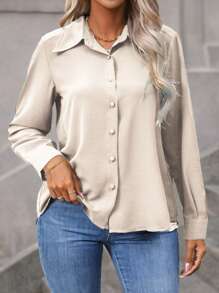 Vionelle Plus Size Solid Color Front Button Placket Long Sleeve Minimalist Blouse, Casual Everyday Wear Women Shirt Fall Cloth For Women - Apricot - View 4