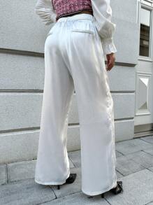 Flirla Quần ống rộng ống đứng rộng rãi bằng vải satin cỡ lớn - trắng - Xem 2