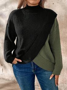 SHEIN LUNE 大码圆领撞色长袖休闲套头毛衣针织衫秋冬款 - 軍綠色 - 查看 7
