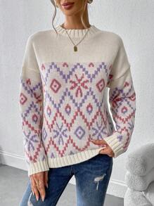Chiquease Women Winter Cute Geo Pattern Crew Neck Long Sleeve Casual Sweater - Apricot - View 4