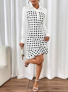SHEIN Clasi Vestido mujer de 2 en 1 con camisa de cuello corto a lunares y contraste de color