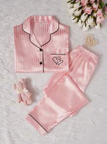2pcs/Set Teen Girl Pajamas, Pink With Simple Stripe Pattern And Heart Print In Soft Fabric, Long Pants And Long Sleeve Top