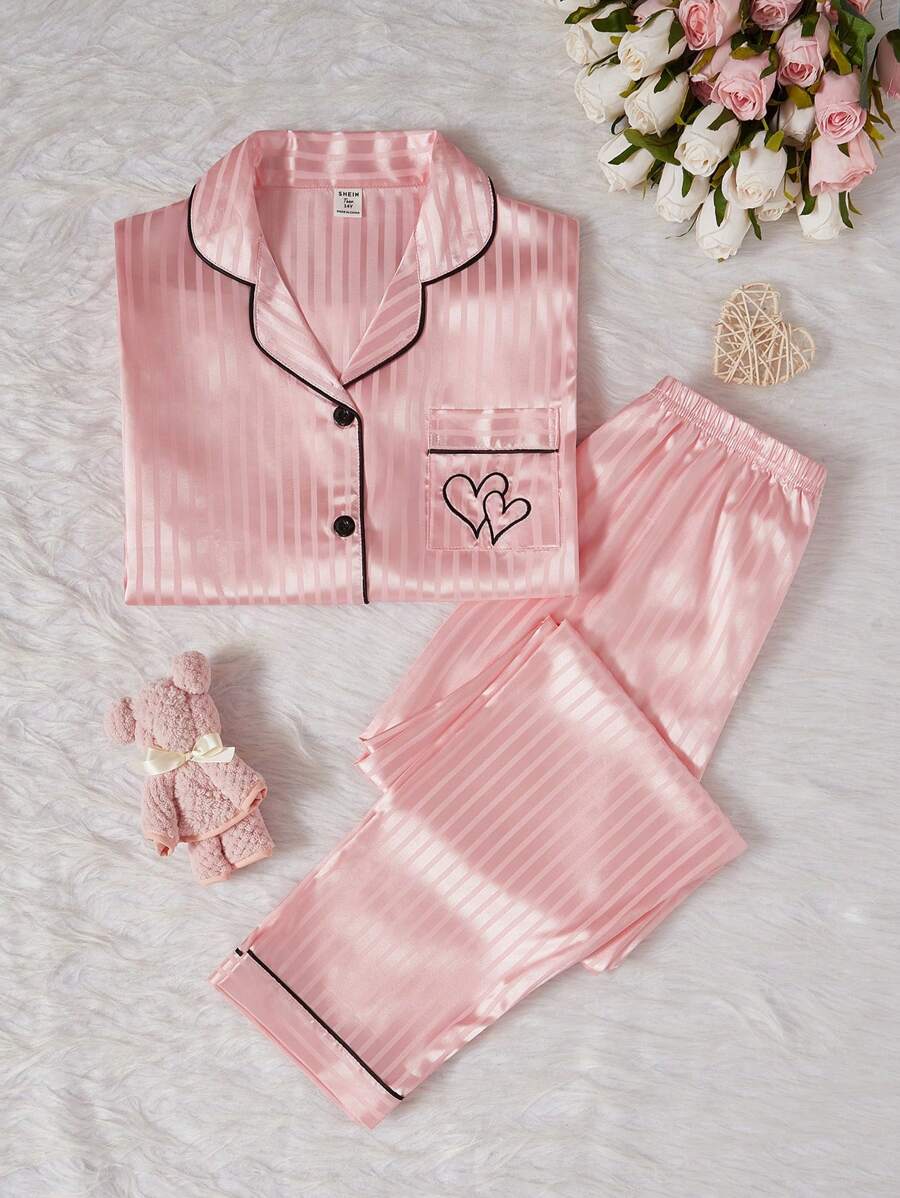 2pcs/Set Teen Girl Pajamas, Pink With Simple Stripe Pattern And Heart Print In Soft Fabric, Long Pants And Long Sleeve Top