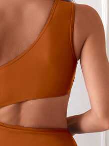 Vaytide Bộ đồ bơi một mảnh hở lưng không đối xứng màu trơn đi biển mùa hè dành cho nữ - Đồng - Xem 8