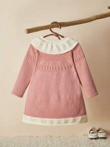 SHEIN Vintaside Kids Baby Girls Pink Loose Ruffled Thick Knit Sweater Dress With Embroidery, Suitable For Home, Casual Or Party Wear, Autumn/Winter