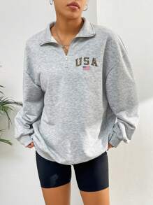 SHEIN EZwear Women's Casual Vintage USA Flag Pattern Loose Fit Half-Zip Hooded Sweatshirt In Fall/Winter - Grey - View 5