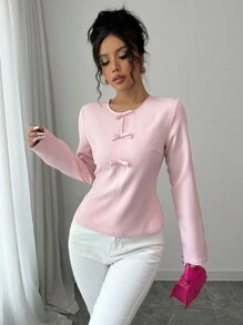 Selianne 女士纯色圆领优雅休闲通勤圣诞约会可爱蝴蝶结装饰衬衫春秋长袖上衣 - 淺粉色 - 查看 6