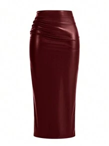 Women's Solid Color Minimalist A-Line Skirt, Casual Daily Wear - Burgundy - View 3