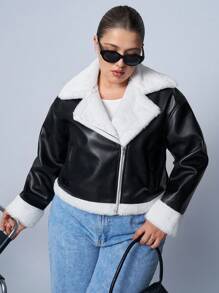 CovetEZ 厚羊毛衬里拉链立领 PU 机车夹克，大码，秋冬季 - 黑與白 - 查看 3