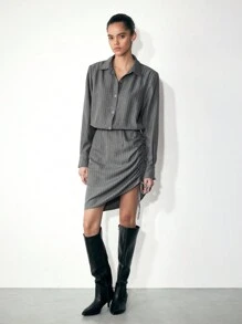Maija Gaun Pendek Wanita Kasual Bergaris dengan Tali Serut Samping, Musim Gugur/Musim Dingin - Dark Grey - View 2