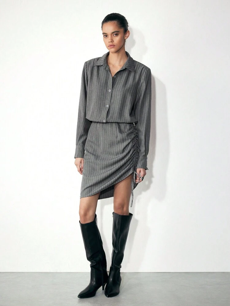 SHEIN Maija Women Casual Striped Side Drawstring Short Dress, Autumn/Winter