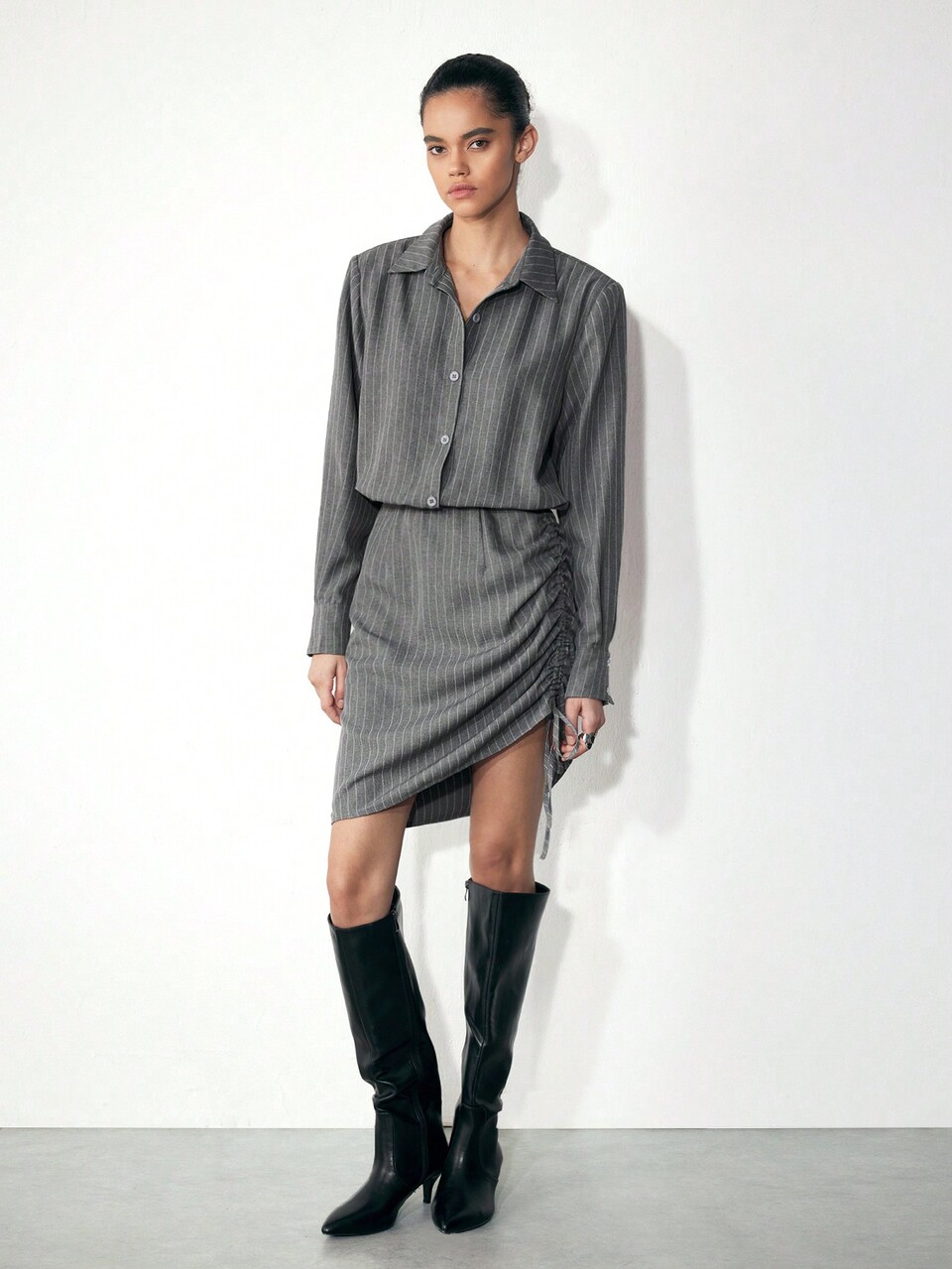 SHEIN Maija Women Casual Striped Side Drawstring Short Dress, Autumn/Winter
