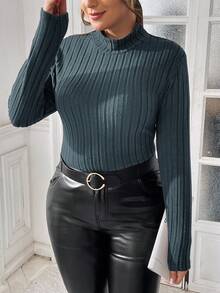 SHEIN Essnce 大码女装秋季女装机场女装冬季新款时尚休闲通勤拉绒保暖薄绒百搭基础纯色棕色内搭打底衫外穿收腰修身高领 T 恤上衣长袖女式上衣秋季女式上衣棕色长袖 T 恤高领 T 恤 - 霧霾藍 - 查看 5