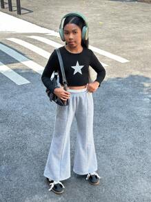 SHEIN Tween Girls Knit Patchwork Flared Leg Casual Athletic Pants - Grey - View 4