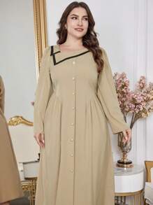 Mulvari 大码女式不对称领泡泡袖长款优雅连衣裙，优雅 A 字裙，适合日常休闲/旅游/工作 - 卡其色 - 查看 5