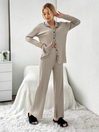 EURM Sleepwear Pajama Set Contrast Collar Hemline, ated Ribbed Sewing Thread Lines view 5