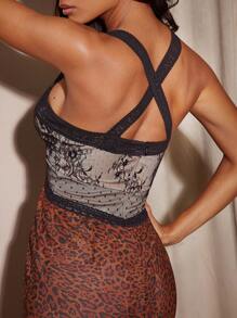 Hauture Contrast Color Lace Patchwork Leopard Print Backless Sleeveless Dress - Multicolor - View 6