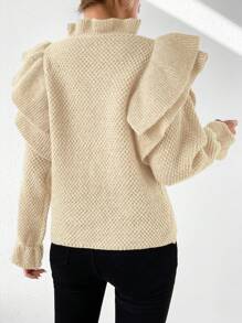 Chiquease Women's Plain Color Ruffle Collar Splice Flounce Hem Long Sleeve Sweater, Autumn/Winter Knit Pullover Fall - Beige - View 2