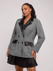 SHEIN Clasi Plus Size Front Button Solid Color Patchwork Pocket Casual Blazer With Long Sleeve - Black and White - View 1
