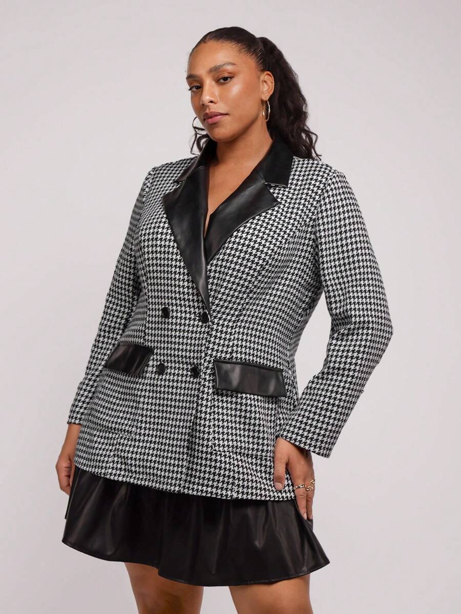 SHEIN Clasi Plus Size Front Button Solid Color Patchwork Pocket Casual Blazer With Long Sleeve - Black and White - View 1