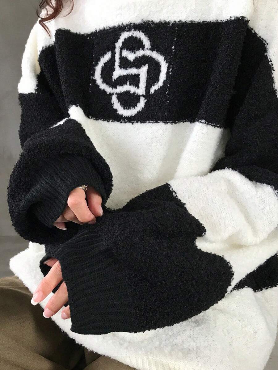 FRIFUL 女士秋冬撞色圆领落肩长袖休闲针织毛衣