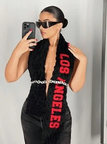 SHEIN ICON 1 件女式毛绒挂脖链系带修身吊带背心 - 黑色 - 查看 3