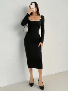SHEIN PETITE Đầm ôm body cổ vuông tay dài màu đen trắng đơn giản thanh lịch dành cho nữ khi đi làm - màu đen - Xem 6